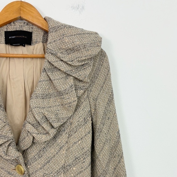 BCBGMaxazria Tan Tweed Wool Ruffle Lapel Neck Blazer Jacket Size Small - Picture 6 of 16